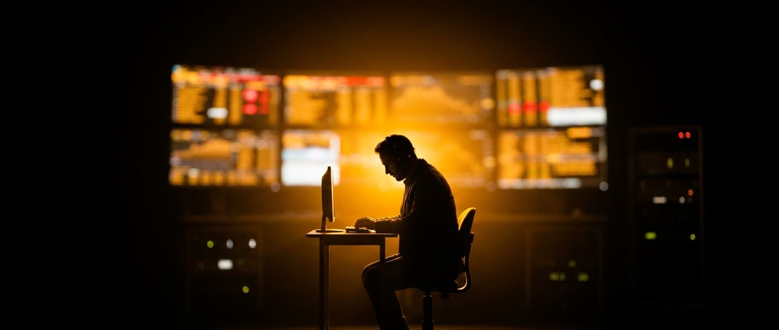 A lone trader silhouetted against a wall of market-data screens at night