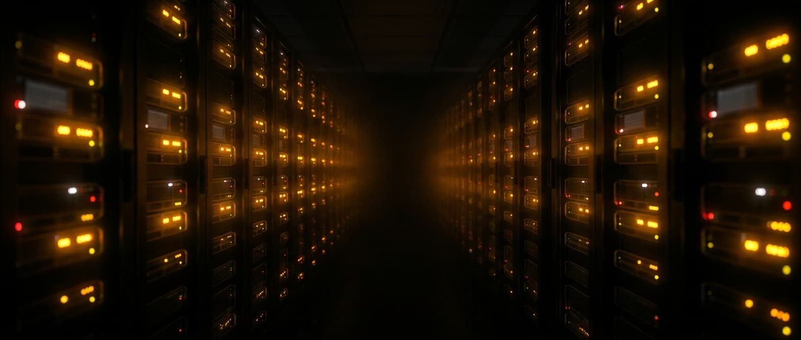 A colocation aisle lit only by rows of amber status lights